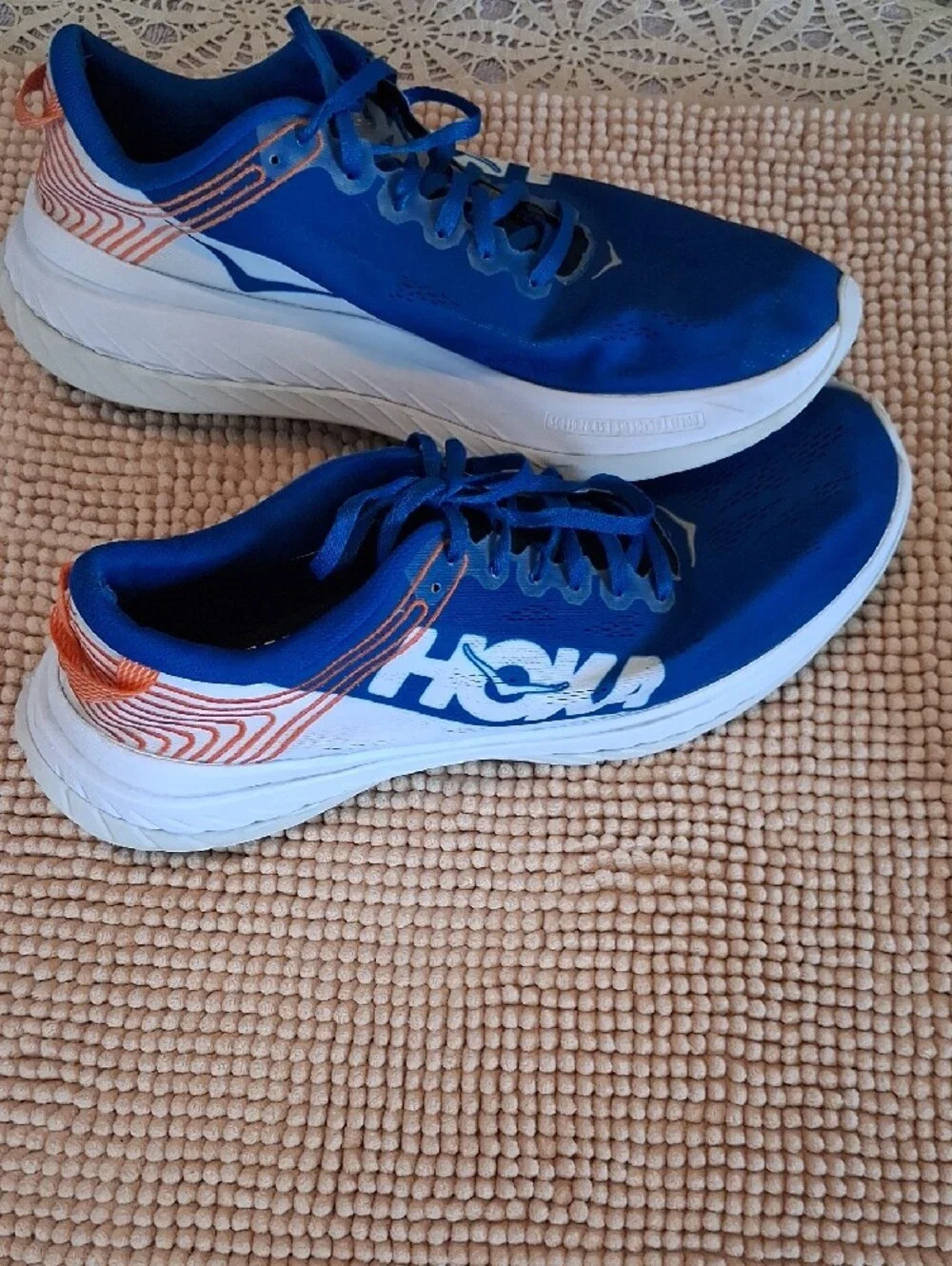 Hoka Blue and White Men's Running Shoes with Orange Accents